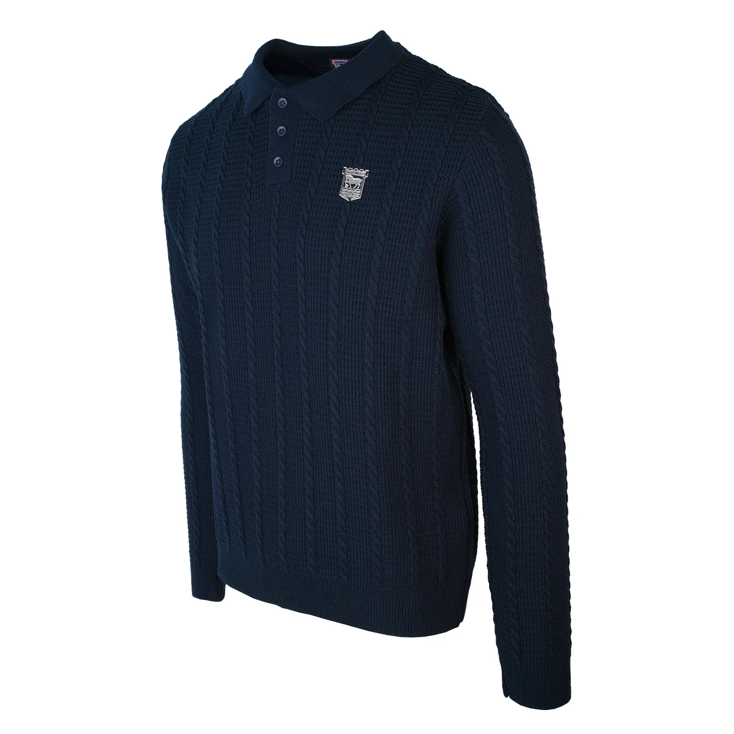 Navy Cable Knit Long Sleeve Polo - Image 3